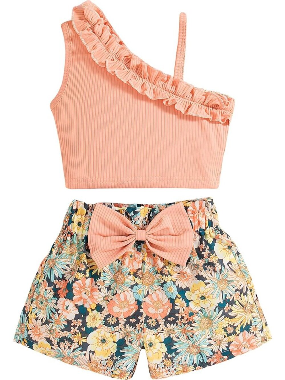 Girls' Summer Ruffle Tank Top & Floral Bow Shorts Set - Toddler Casual Outfit
